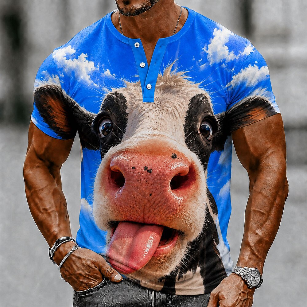 Men's Vintage Cow Graphic Henley Shirt