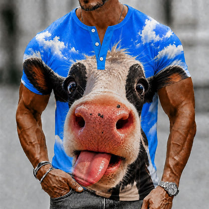Men's Vintage Cow Graphic Henley Shirt