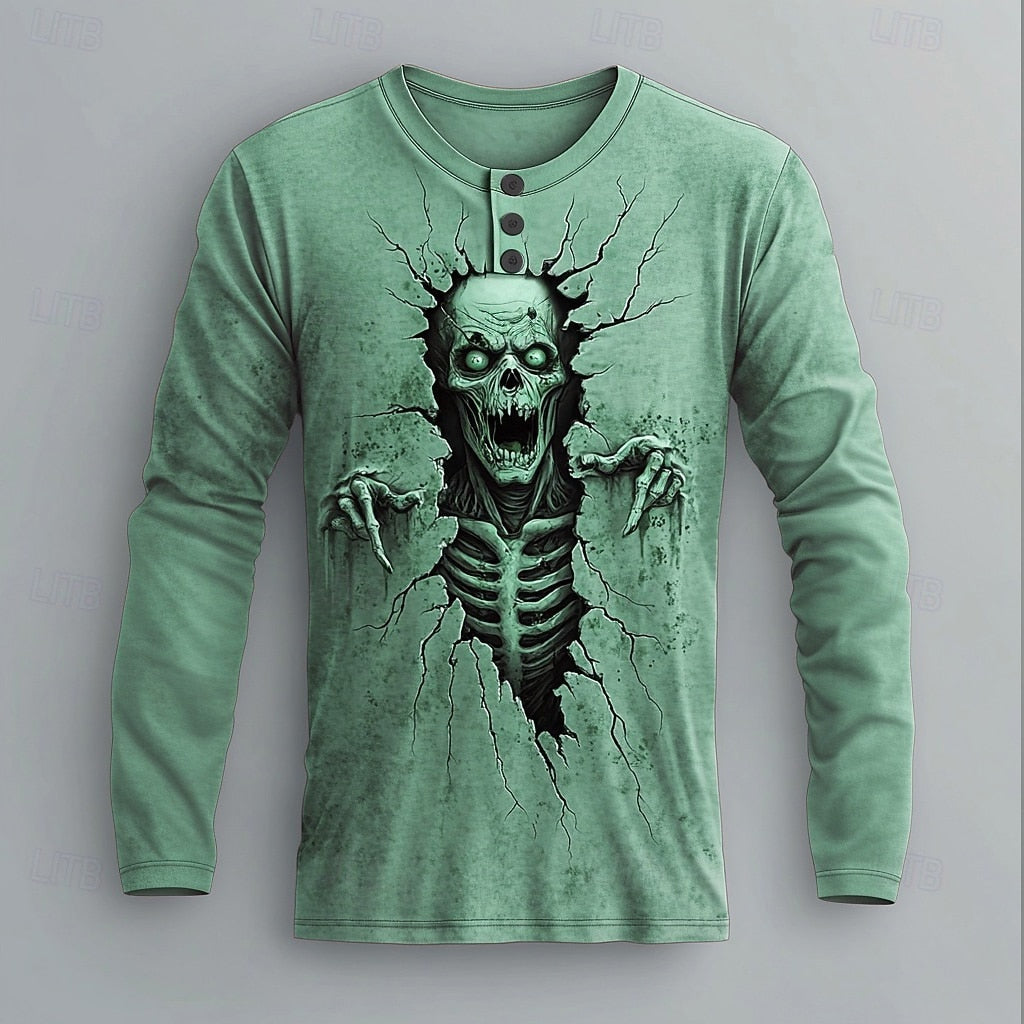 Men's Skull Graphic Casual Henley Shirt