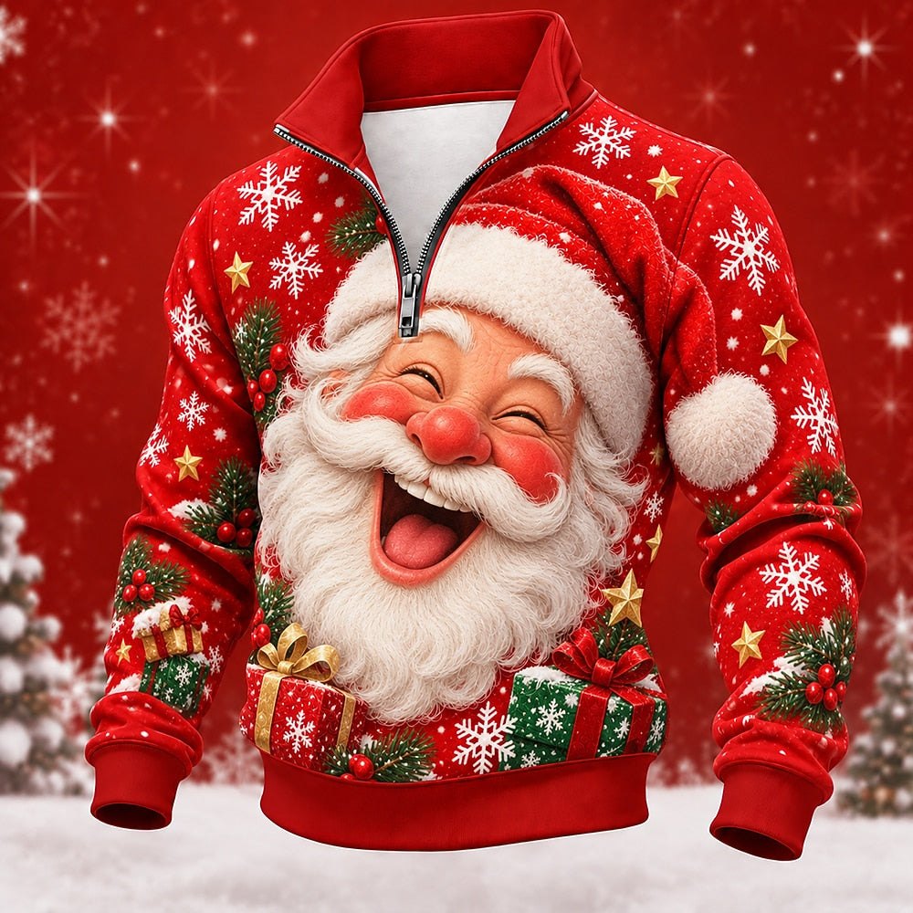 Santa Christmas Stand Collar Zip Sweatshirt
