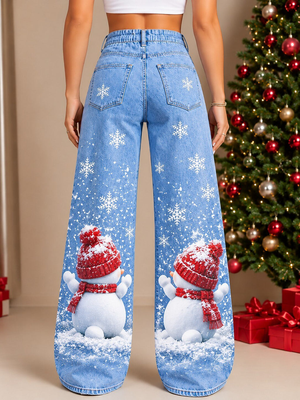 Women's Ugly Floral Christmas Denim Jeans