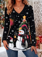 Women's Santa Snowman Classic V Neck Blouse