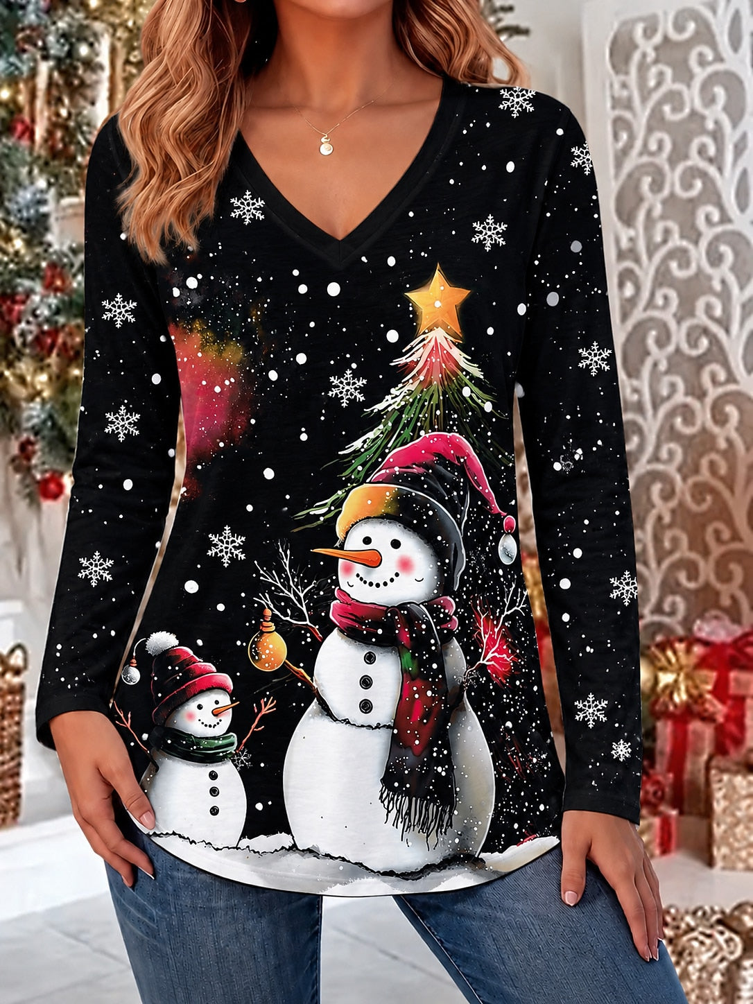 Women's Santa Snowman Classic V Neck Blouse