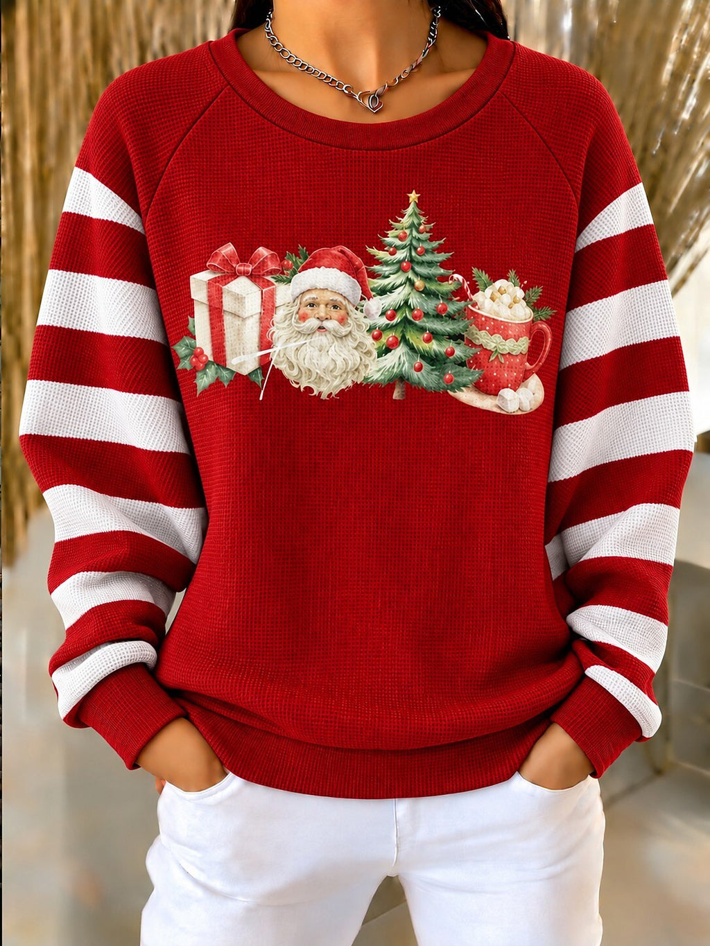 Christmas Women's Waffle Textured Pullover Sweatshirt