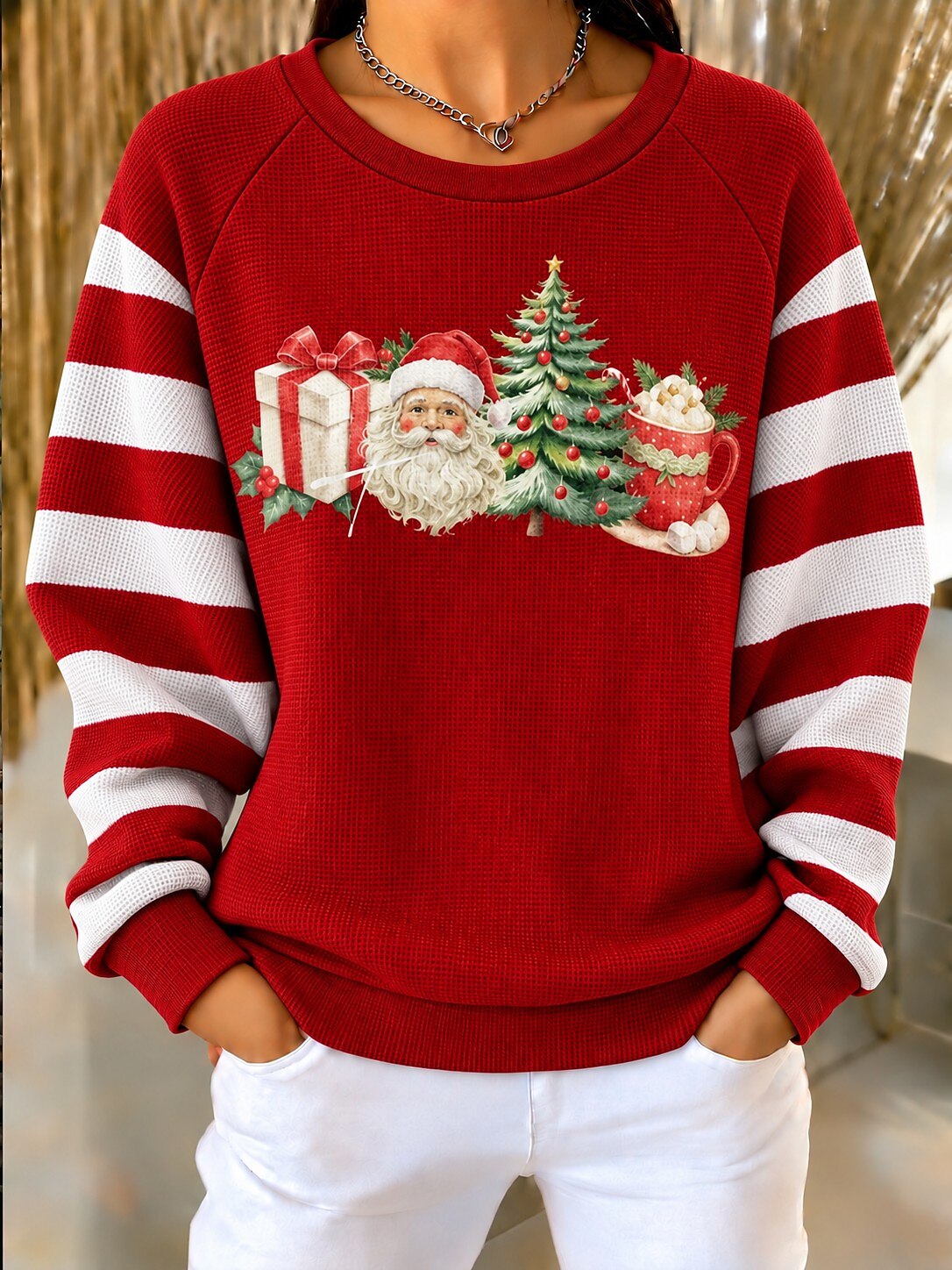 Christmas Women's Waffle Textured Pullover Sweatshirt