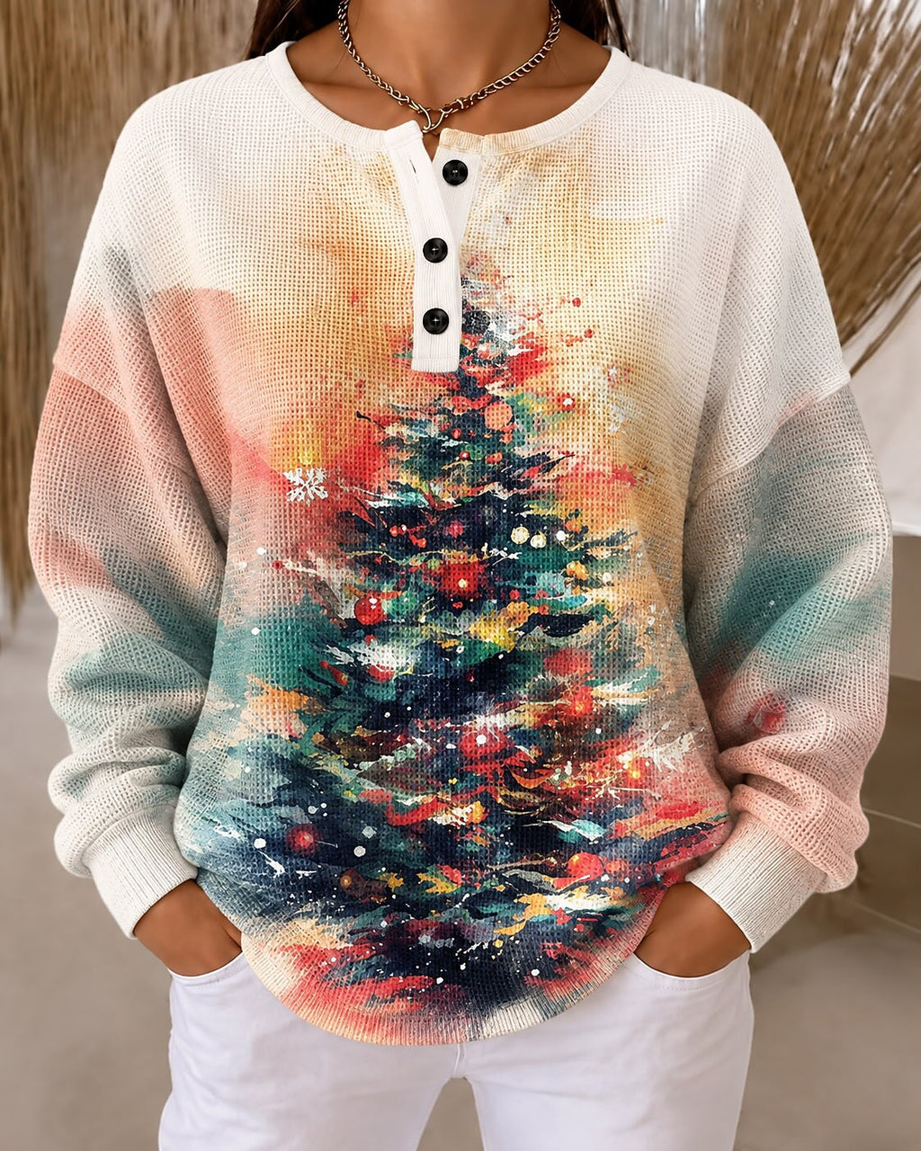 Santa Claus Christmas Tree Waffle Sweatshirt