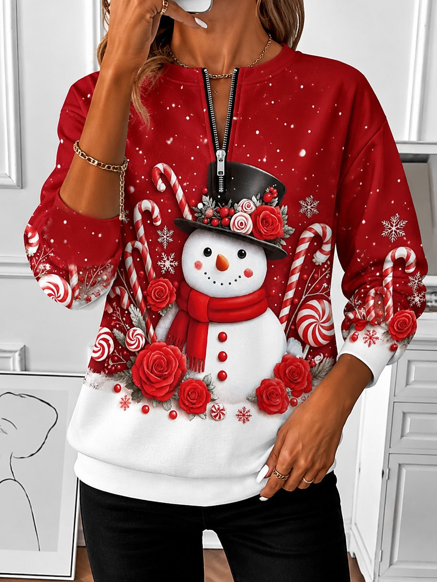 Women's Snowman Print Red Zip Up Sweatshirt