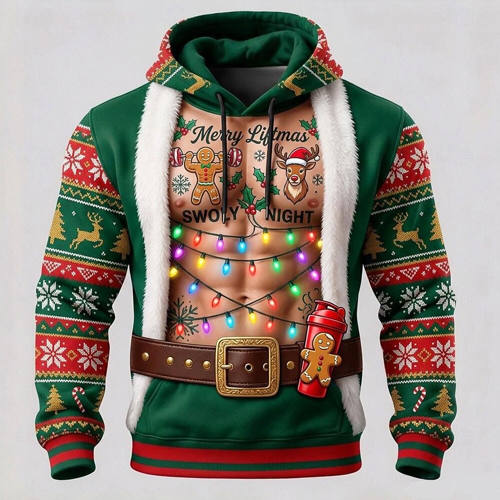 Men's Red Green Festive Graphic Hoodie