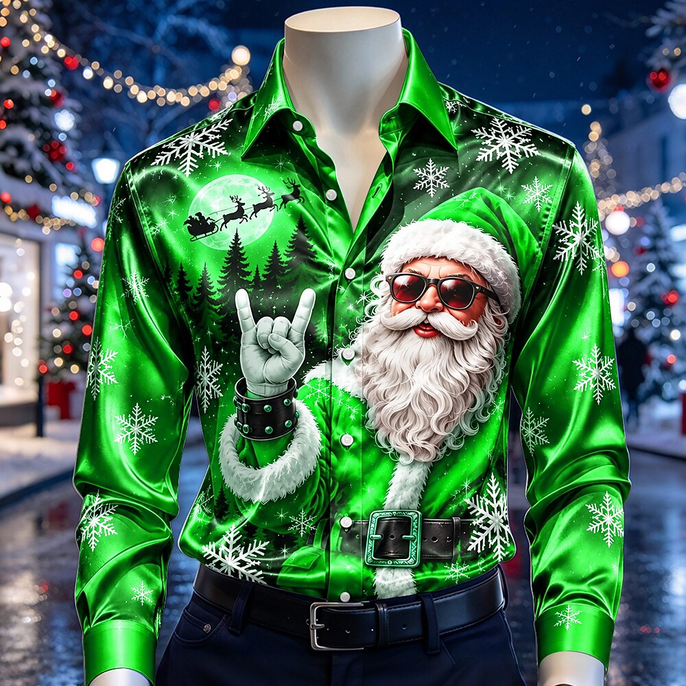Men's Santa Claus Festive Print Satin Shirt
