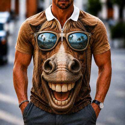 Men's 3D Cartoon Animal Zip Polo Shirt