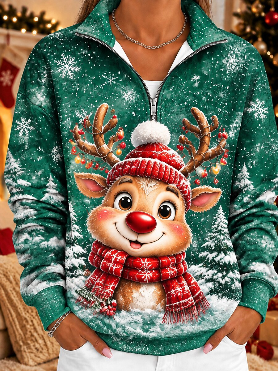 Women's Reindeer Snowflake Half Zip Sweatshirt