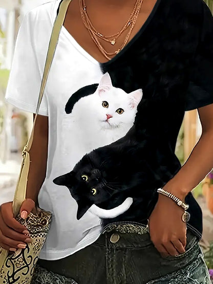 Women's Colorblock Cat V Neck Tee