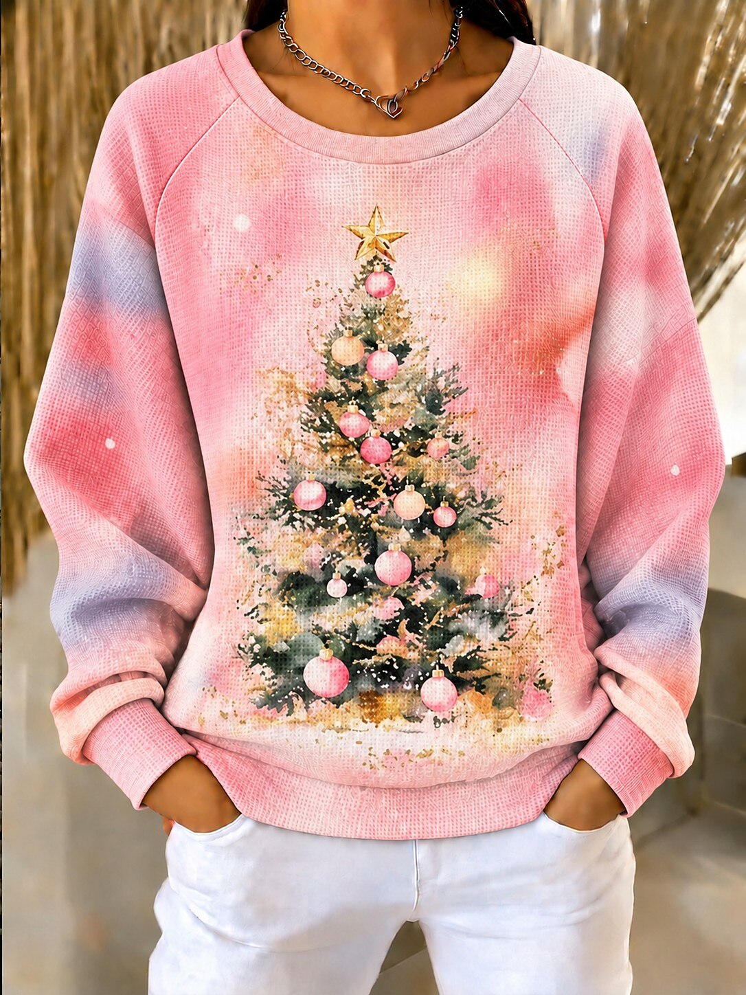 Christmas Tree Waffle Knit Pullover Sweatshirt