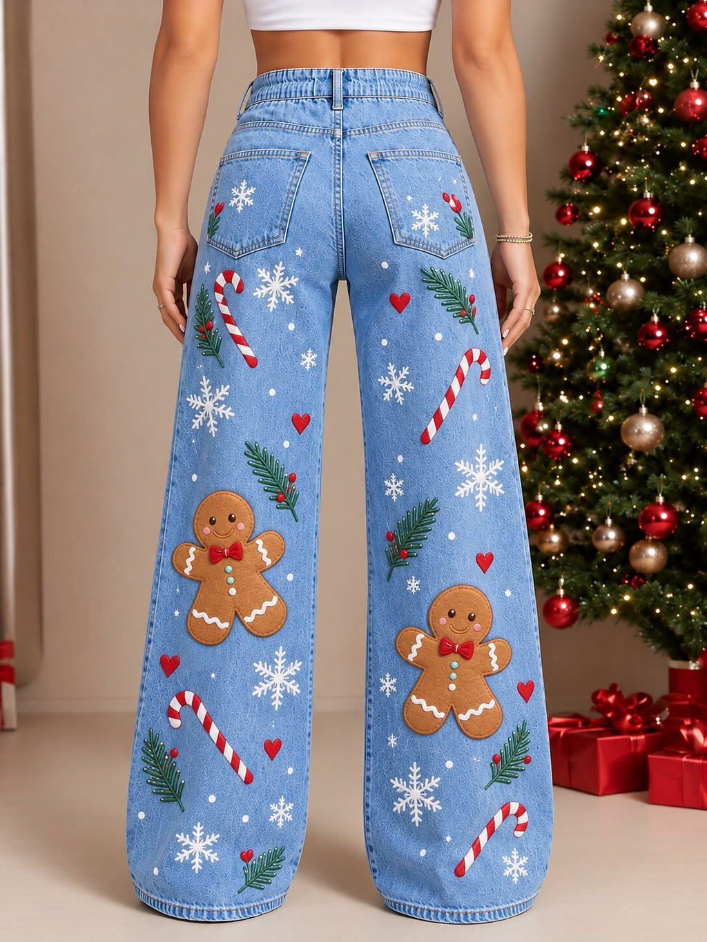 Women's Santa Tree Patchwork Wide Leg Jeans