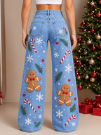 Women's Santa Tree Patchwork Wide Leg Jeans