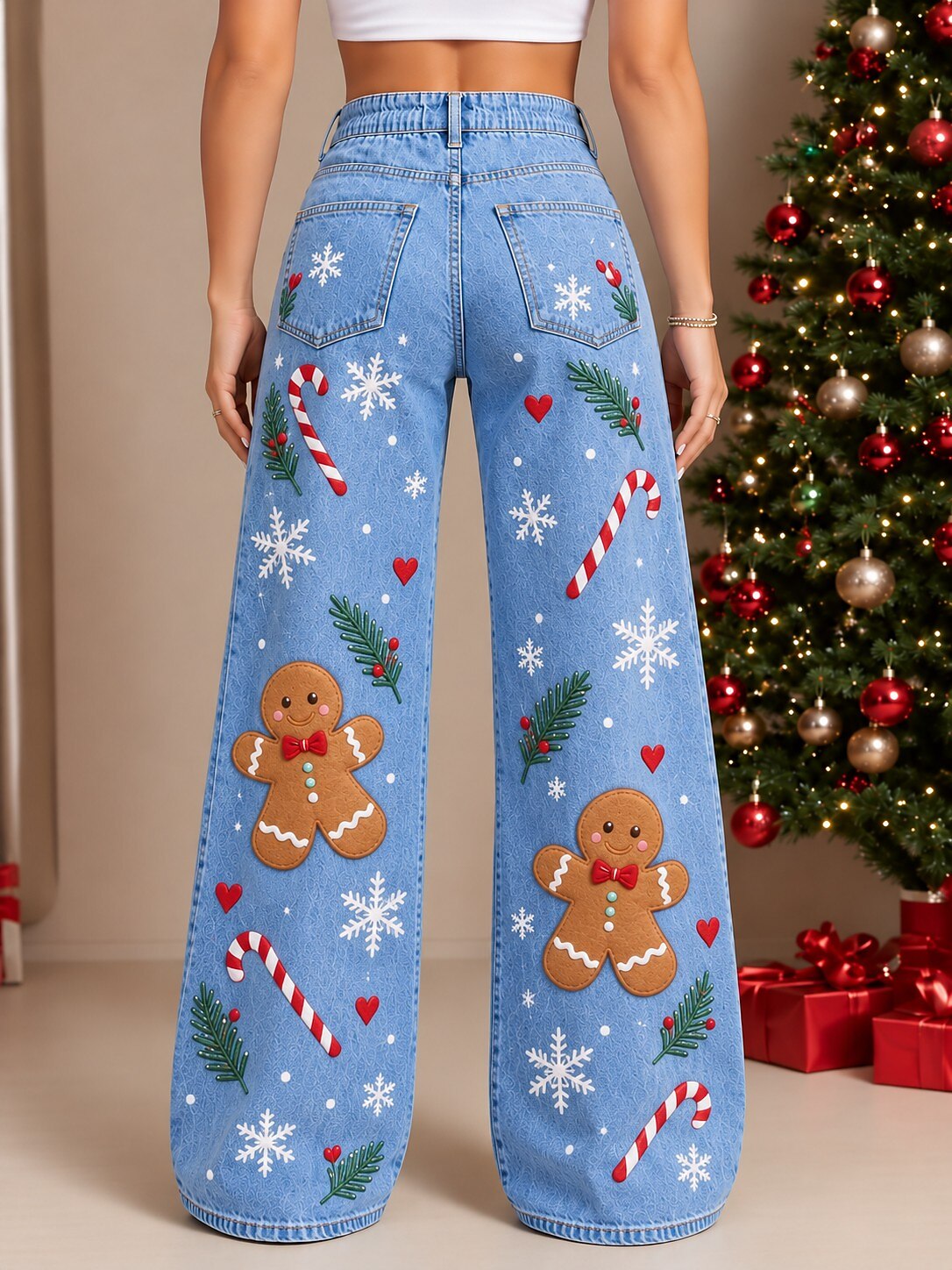 Women's Santa Tree Patchwork Wide Leg Jeans