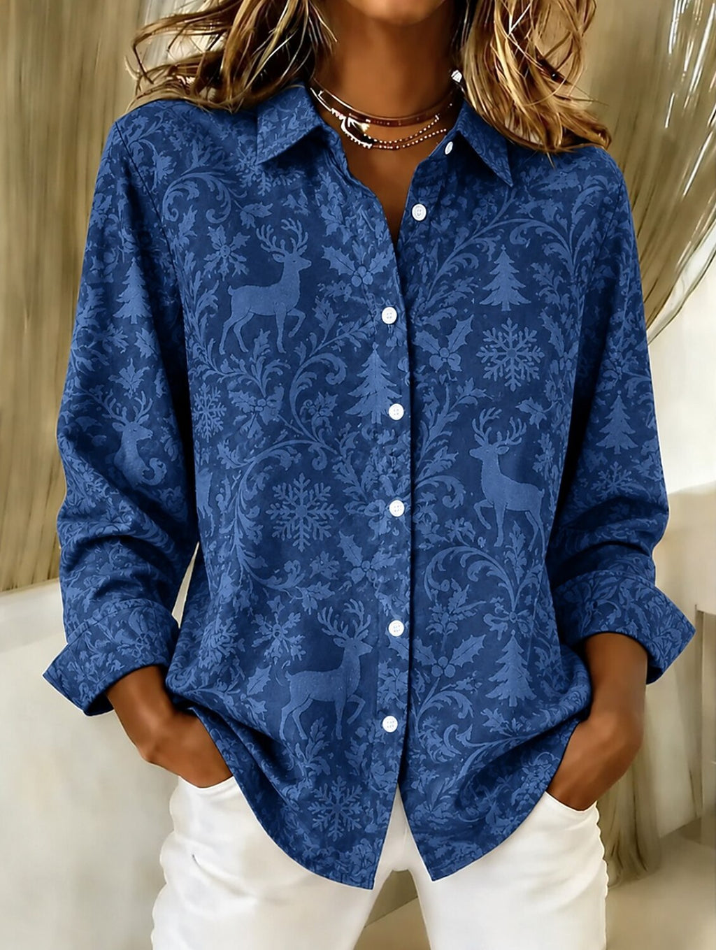 Women's Santa Christmas Tree Button Shirt