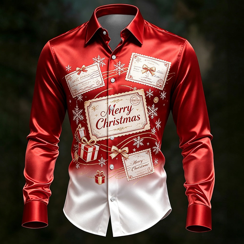 Christmas Scene Ornaments Satin Button Shirt