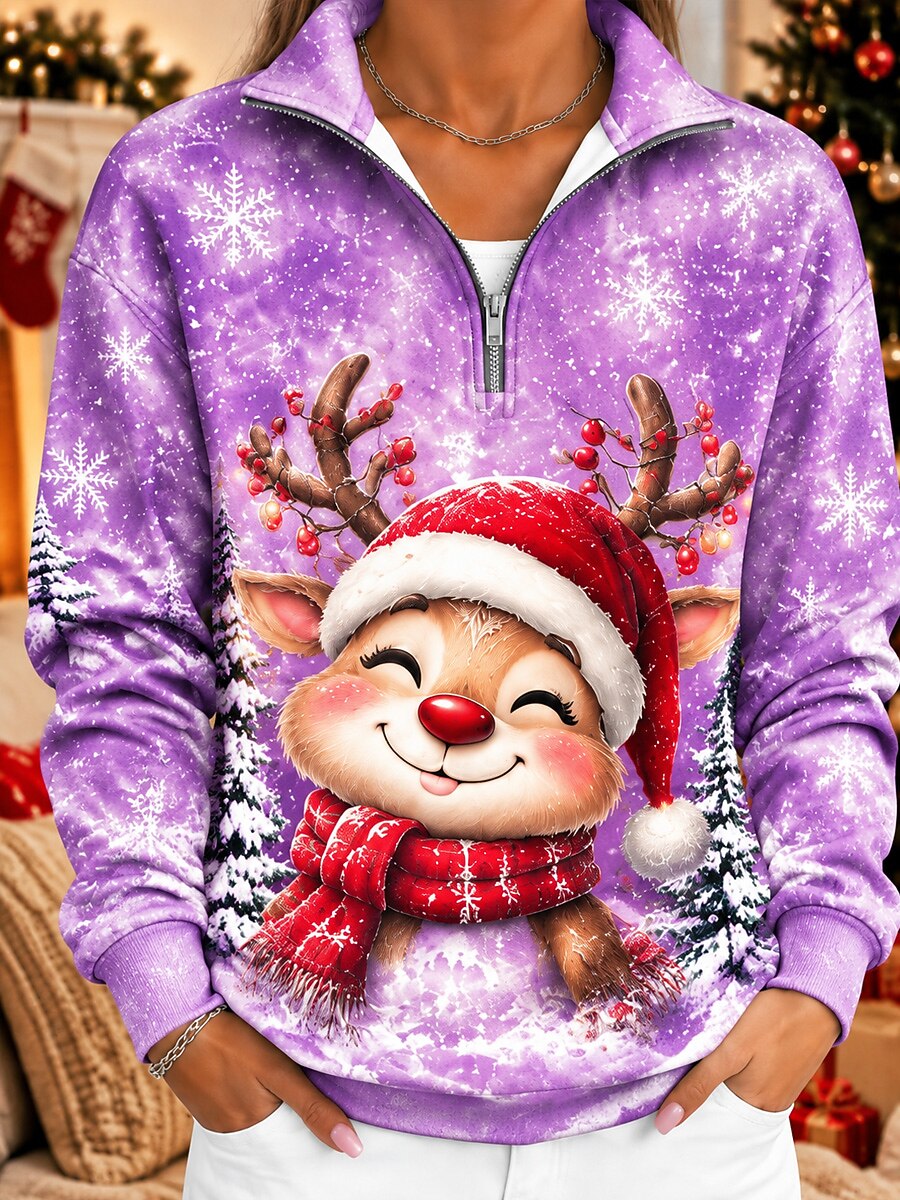 Women's Reindeer Snowflake Lapel Pullover Sweatshirt
