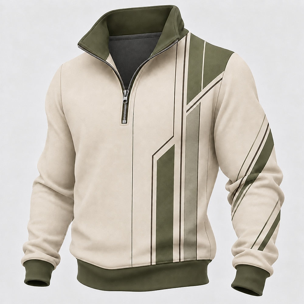 Stand Collar Geometric Zipped Sweatshirt