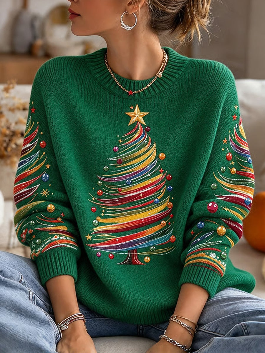 Women's Knitted Christmas Tree Crewneck Sweater