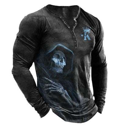 Men's Skull Graphic Vintage Henley Shirt
