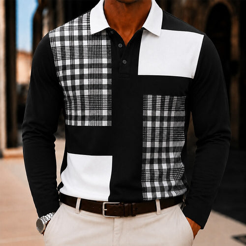 Men's Color Block Geometric Long Sleeve Polo