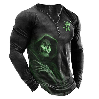 Men's Skull Graphic Vintage Henley Shirt