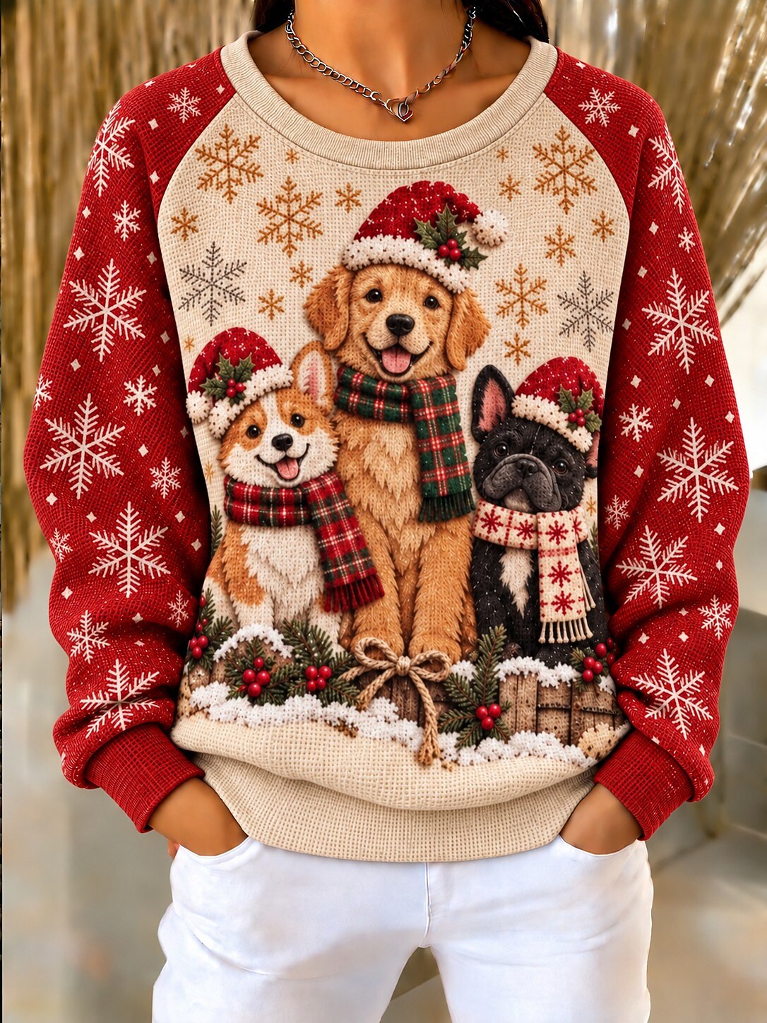 Christmas Women's Waffle Textured Pullover Sweatshirt