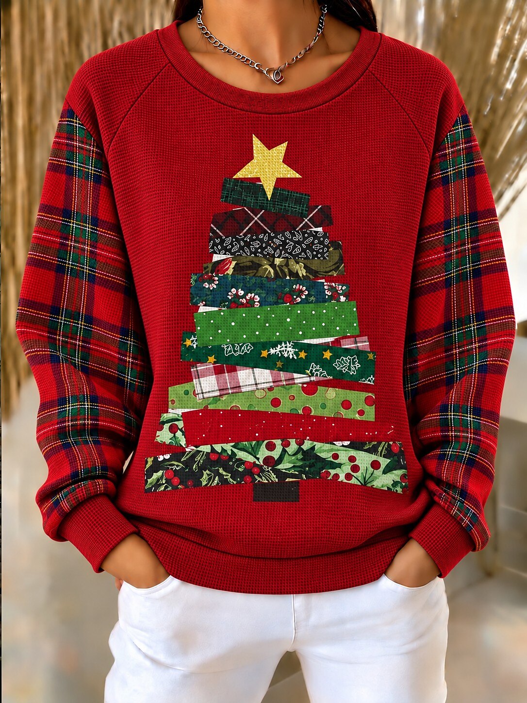 Christmas Tree Waffle Knit Pullover Sweatshirt