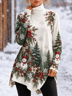 Christmas Floral Asymmetrical Turtleneck T-Shirt