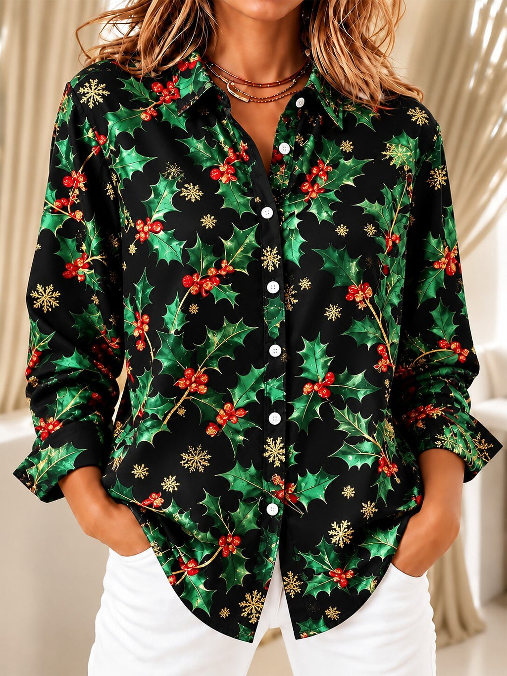 Women's Red Green Floral Patchwork Shirt
