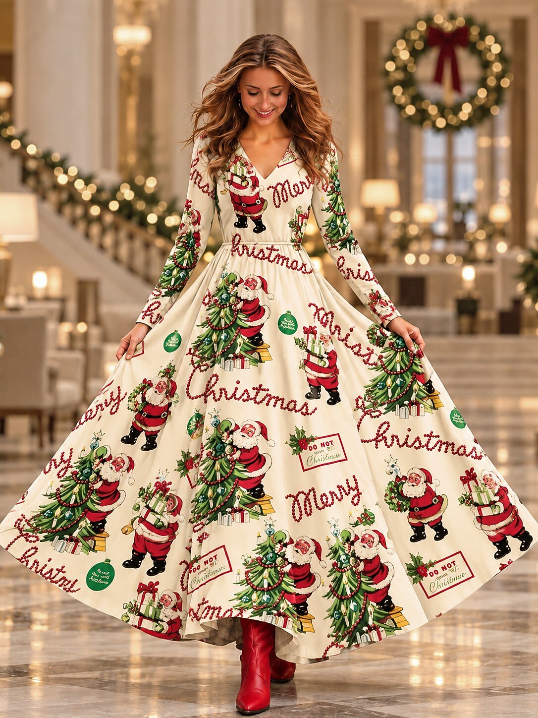Ombre Christmas V Neck Maxi Dress