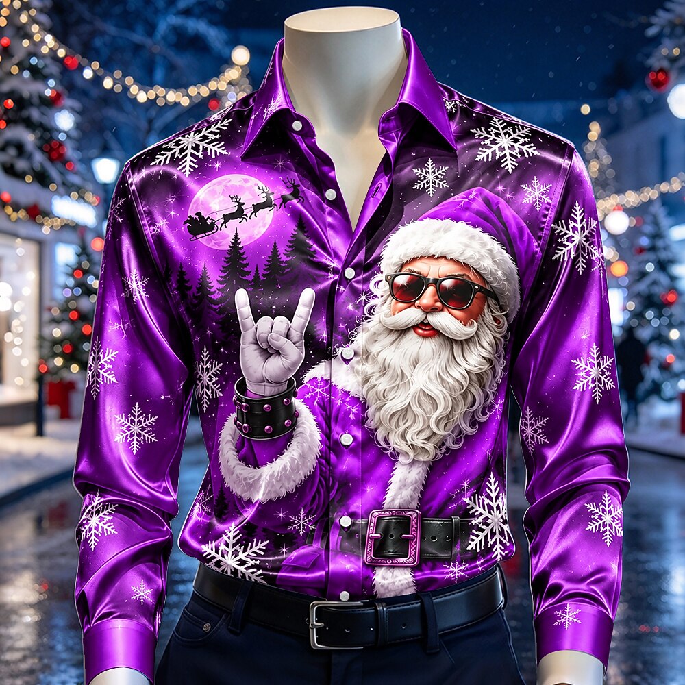 Men's Santa Claus Festive Print Satin Shirt