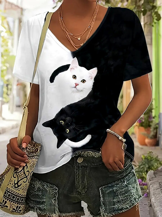 Women's Colorblock Cat V Neck Tee
