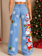Women's Floral Print Summer Wide Leg Jeans