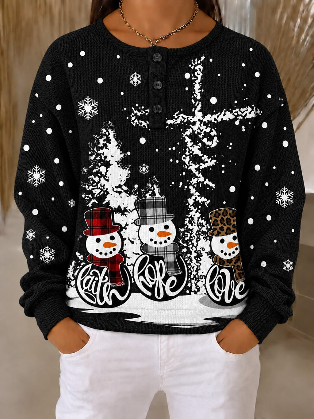 Santa Snowman Polka Dot Waffle Sweatshirt