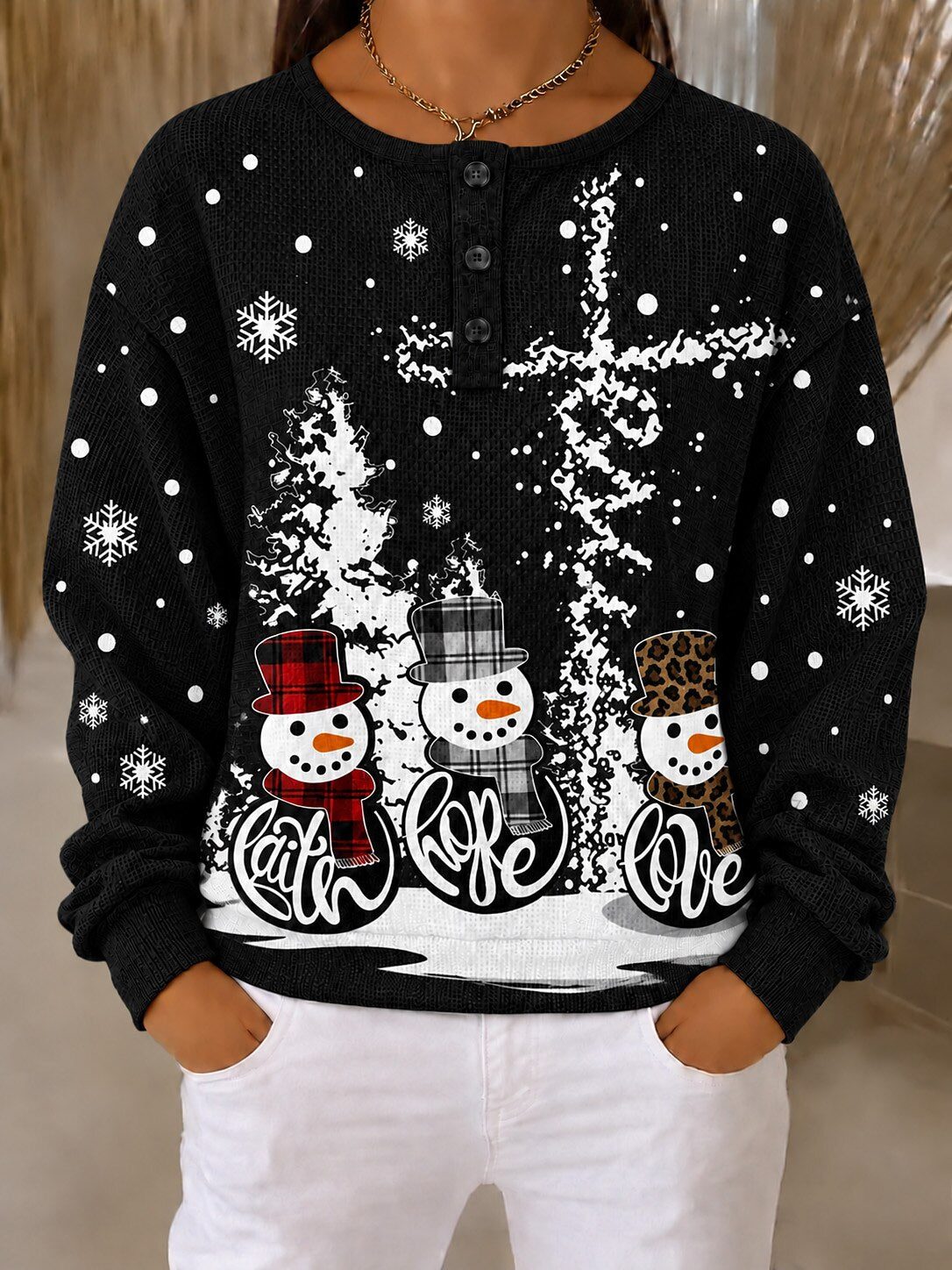 Santa Snowman Polka Dot Waffle Sweatshirt
