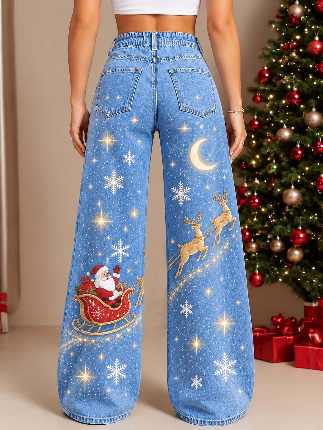 Women's Geometric Patchwork Wide Leg Jeans
