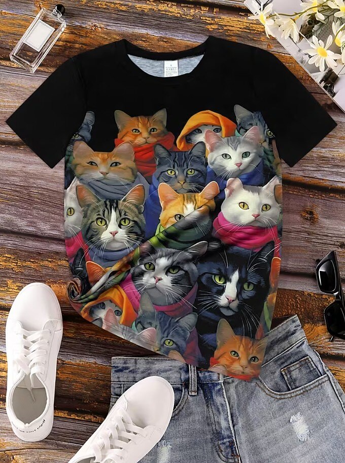 Women's Colorblock Cat Charm Graphic Tee