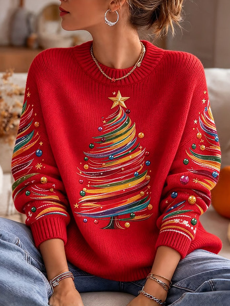 Women's Knitted Christmas Tree Crewneck Sweater