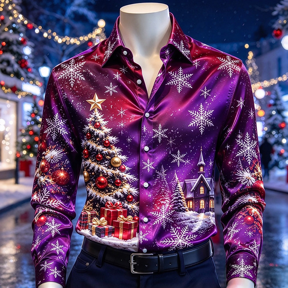 Men's Christmas Tree Scene Satin Shirt