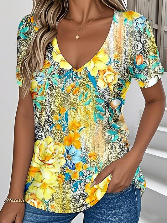 Women's Cheerful Botanical V Neck Tee