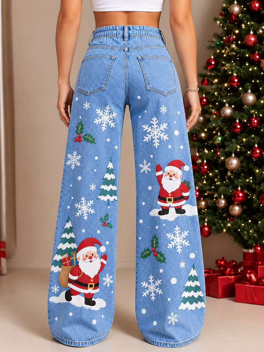Women's Santa Tree Drawstring Denim Jeans