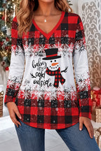 Women's Santa Snowman Red V Neck Blouse