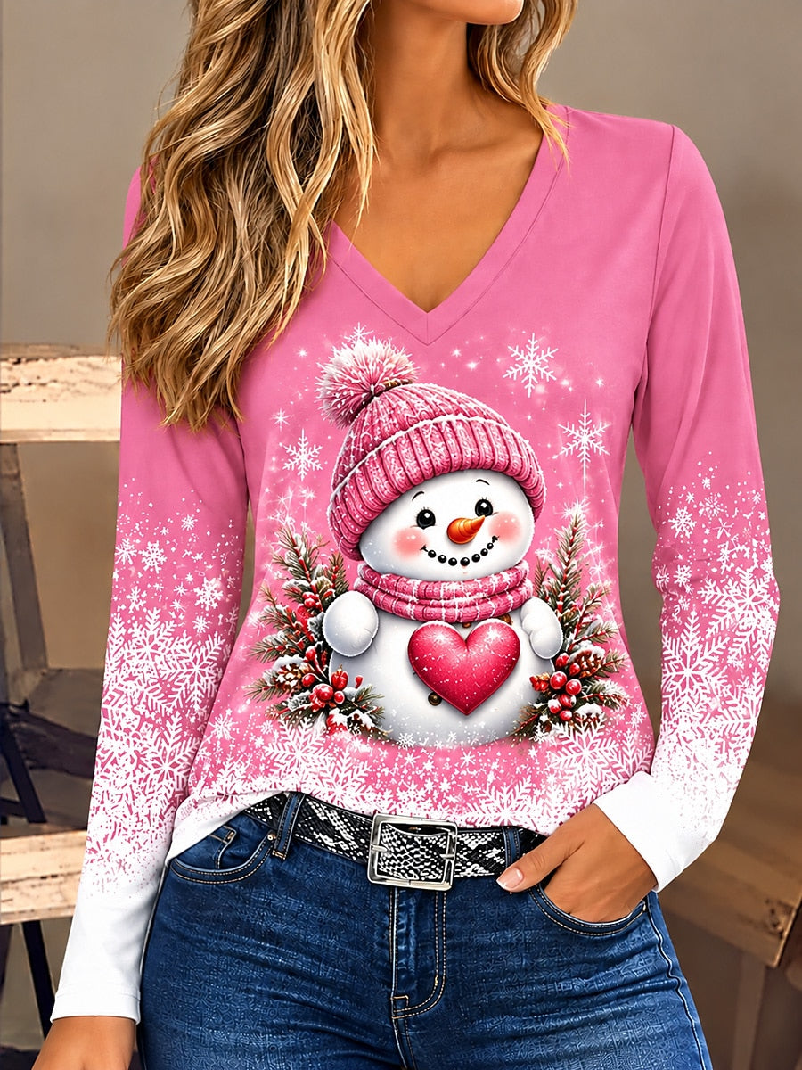 Women's Snowman V Neck Christmas Shirt