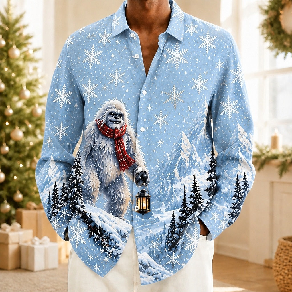 Men's Snowman Snowflake Pattern Button Up Shirt