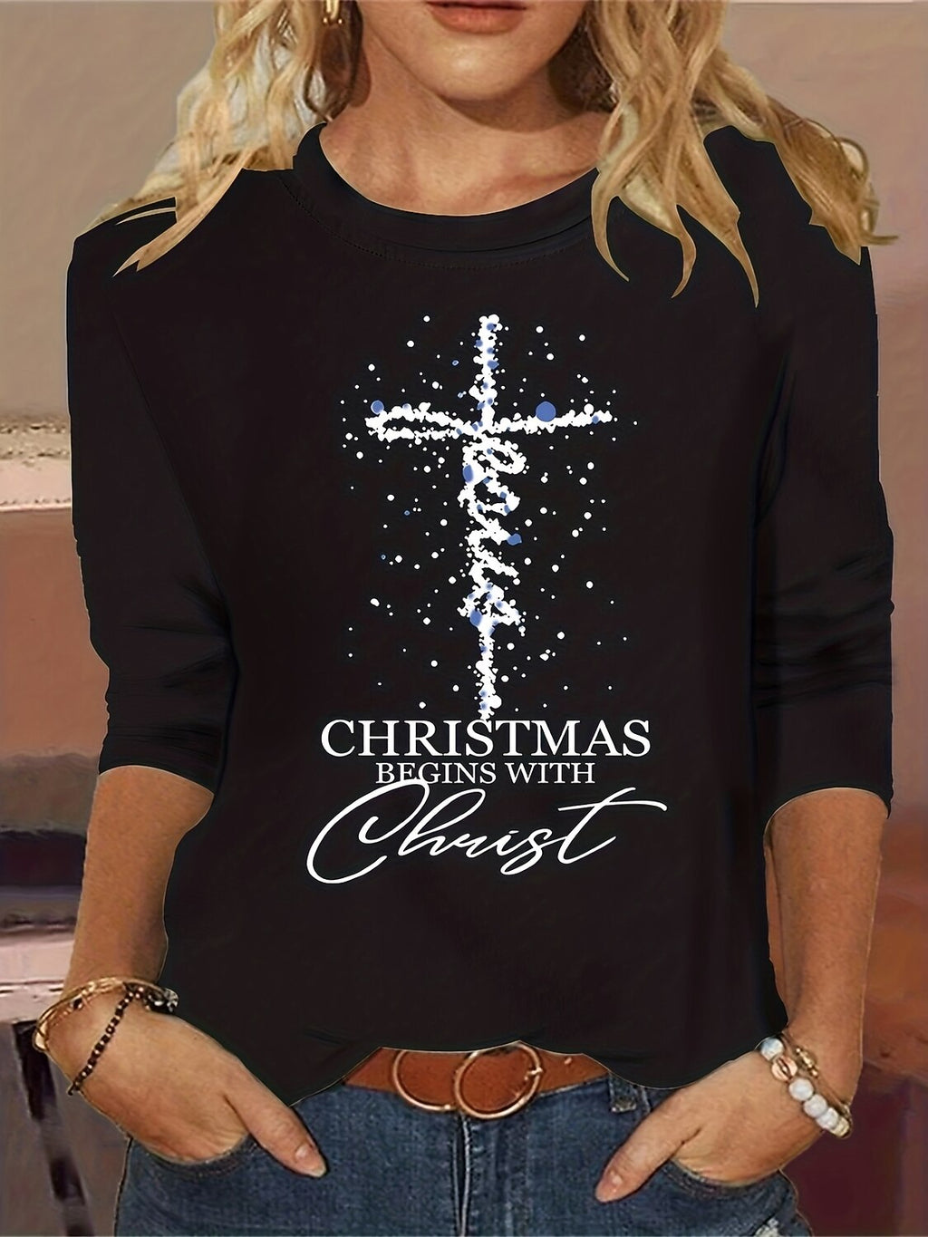Women's Christmas Christ Cross Graphic T-shirt