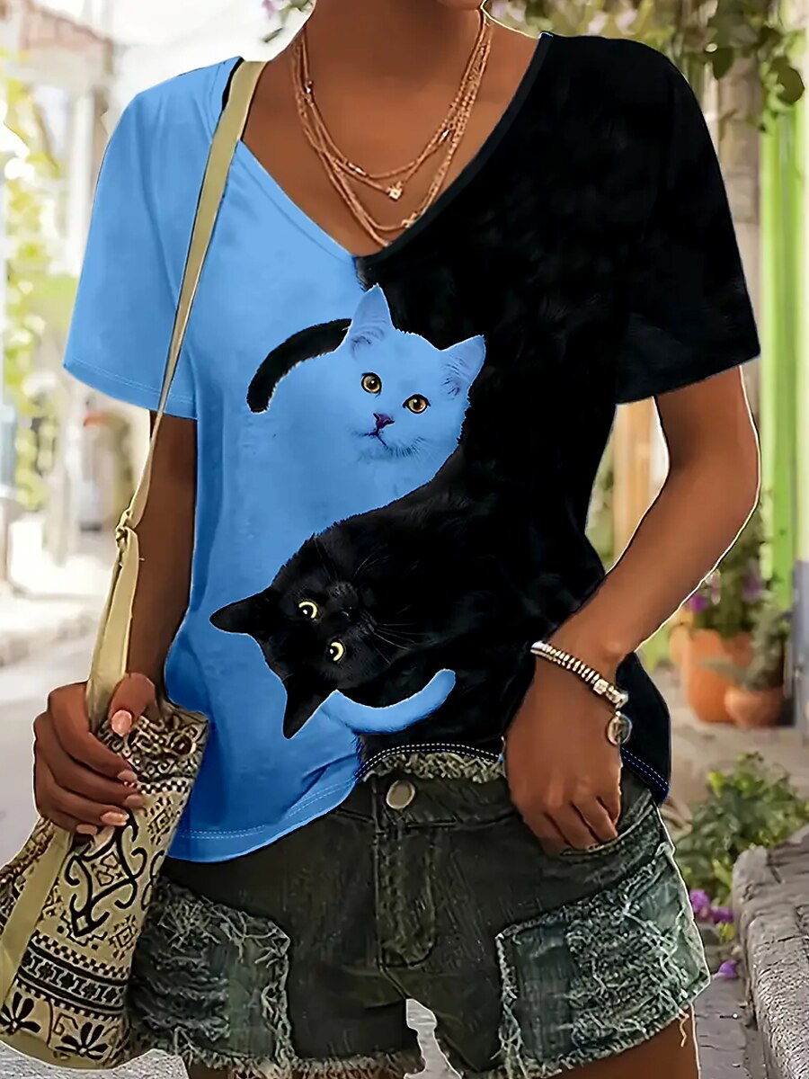 Women's Colorblock Cat V Neck Tee