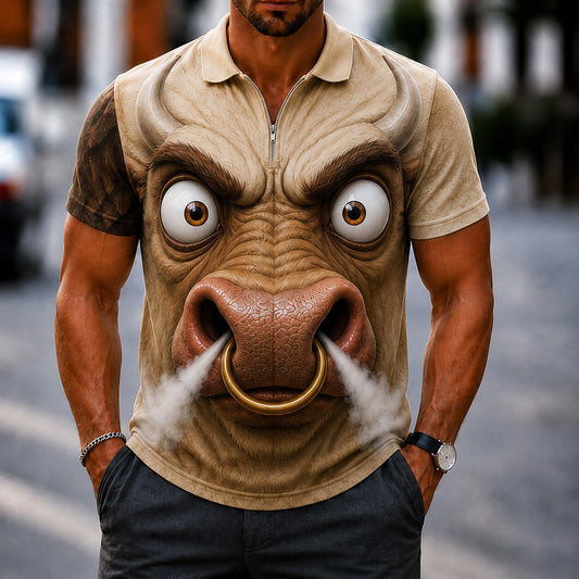 Men's Cartoon Animal Zip Polo Shirt